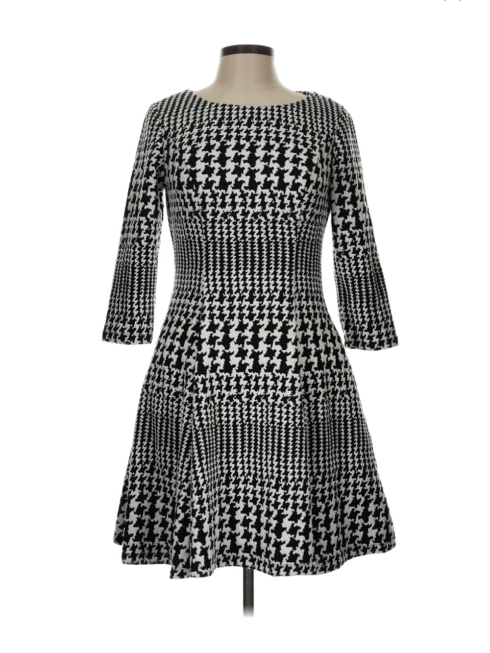 Eliza J Black & White Houndstooth Fit-and-Flare 3/4 Sleeve Dress